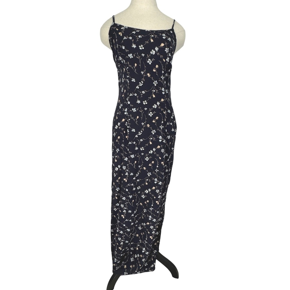 Vintage Dark Floral Maxi Slip Dress Navy Rayon 90s Large Slits Boho Indie Grunge
